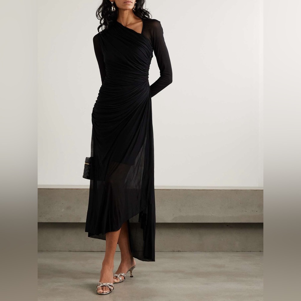 Zimmermann Asymmetrical Illustration Gathered Black Midi-Dress